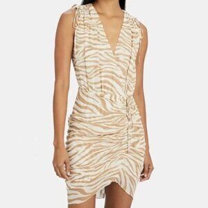 Veronica Beard Dress Silk Soheyla Ruched Zebra Mini Dress Sz 0 EUC Tan & White
